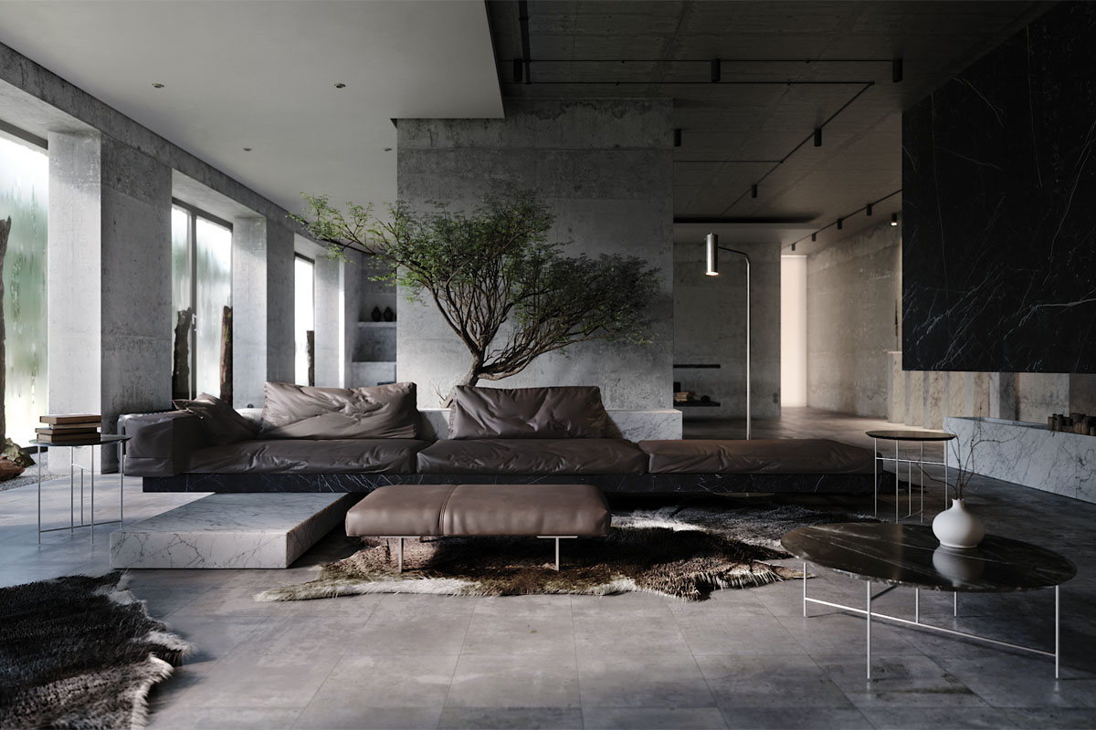 Мінімалістична вітальня: бетонна стіна, дерев'яні акценти та стильний декор.