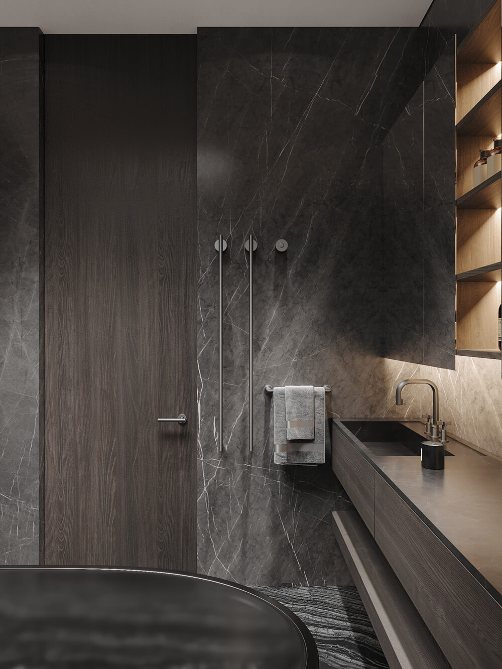 Чорний змішувач на раковині у світлій ванній кімнаті: акцентна чорна сантехніка 2026.