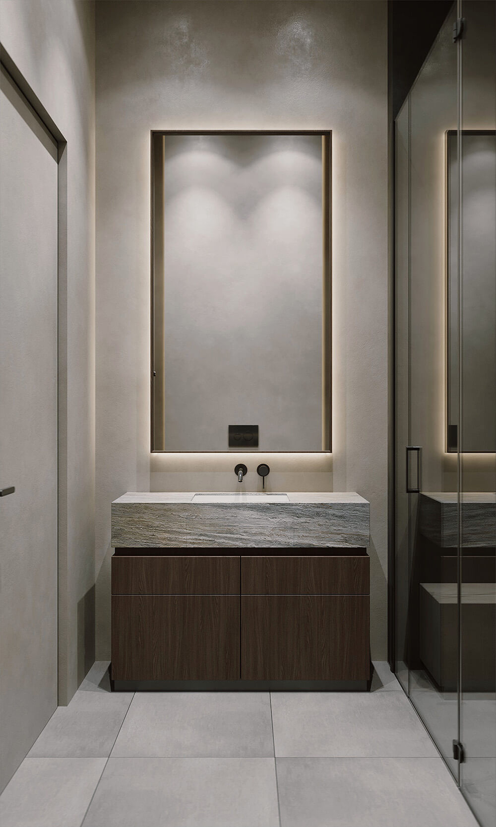 Ванна кімната в спальні Майстер-спальня з власною ванною кімнатою в світлих тонах та сучасному стилі.