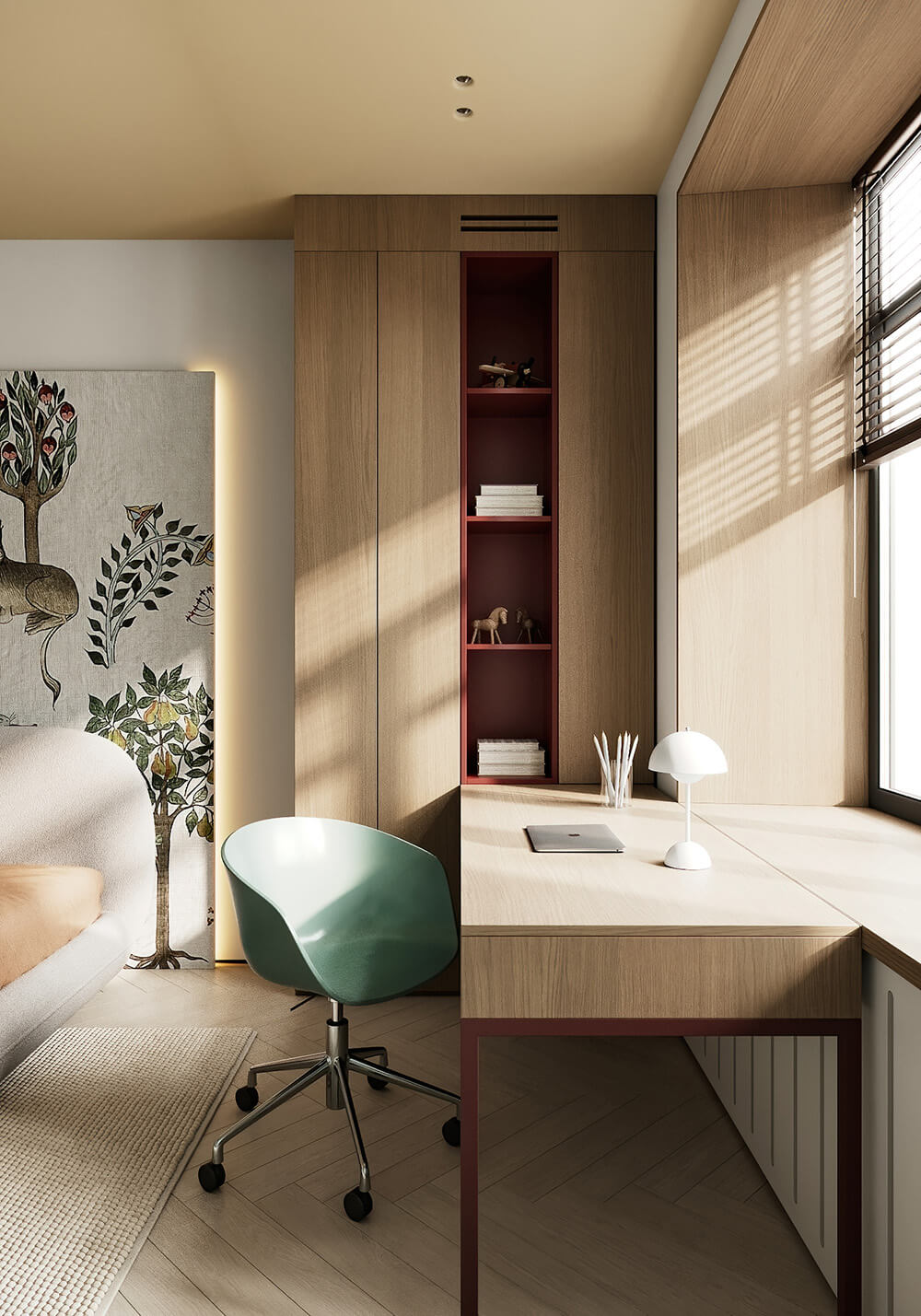 Зелена стеля: природа Зелена кольорова стеля у вітальні з природними елементами декору: еко стиль.