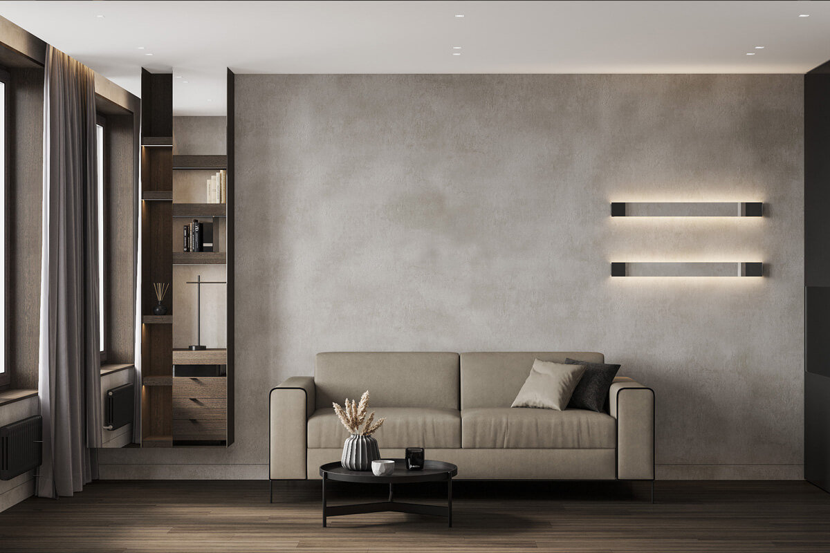 Декоративна штукатурка в сучасному інтер'єрі кімнати, стильний дизайн стін.