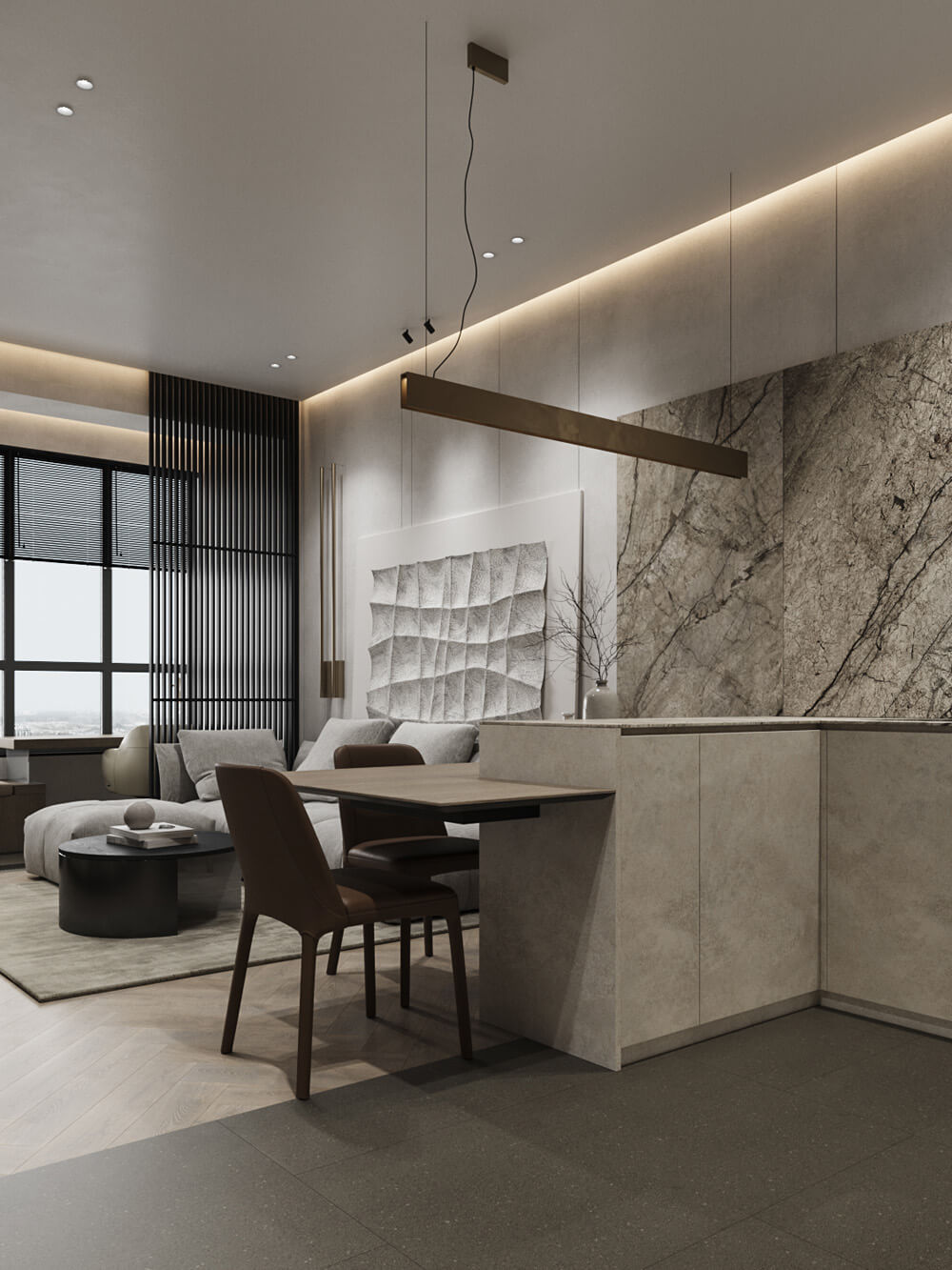 Дизайн спальні з декоративною штукатуркою та м'яким освітленням. Комфортний інтер'єр.