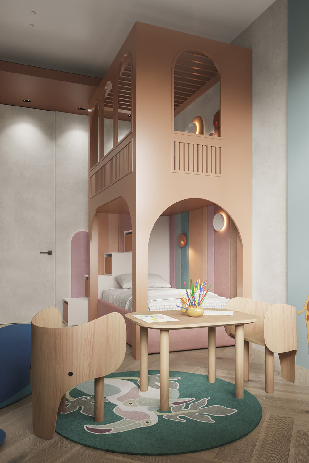 Фактурна штукатурка на стіні: точкове освітлення підкреслює рельєф поверхні.