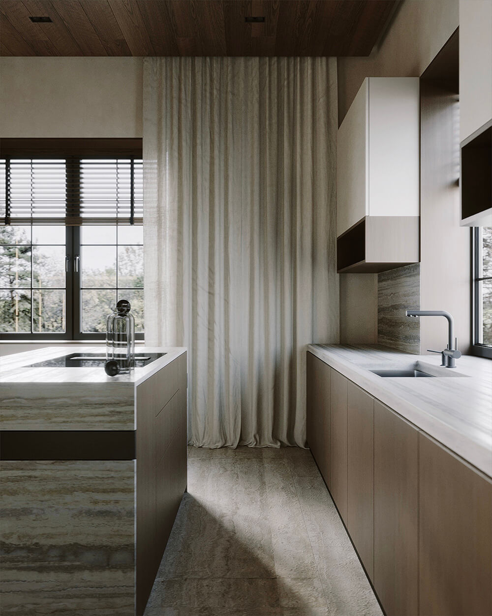 Використання дерев'яної стелі для зонування простору у великій кімнаті.