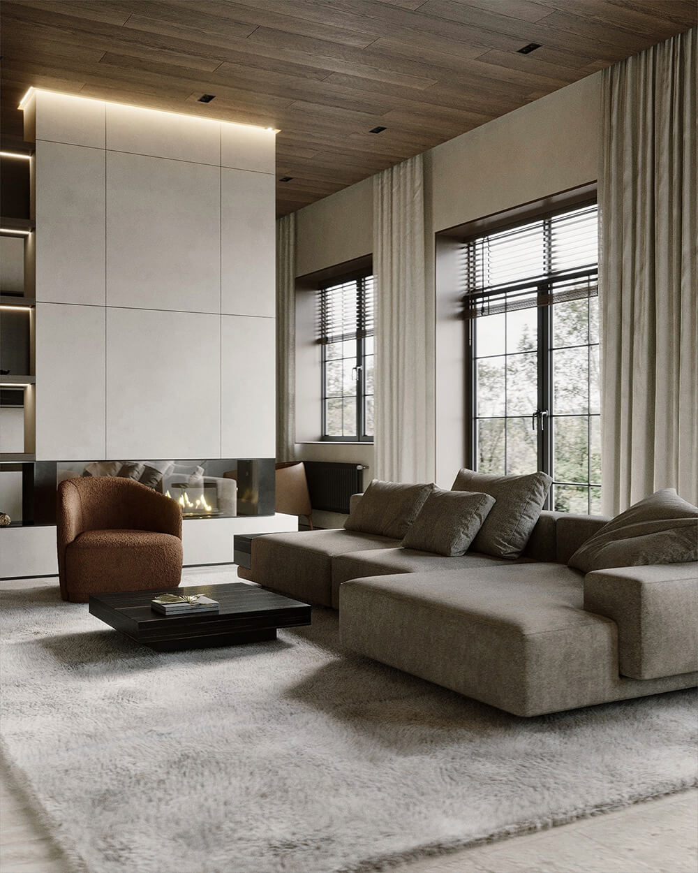 Стильна кухня з дерев'яною стелею, поєднує сучасний дизайн з екологічними матеріалами.