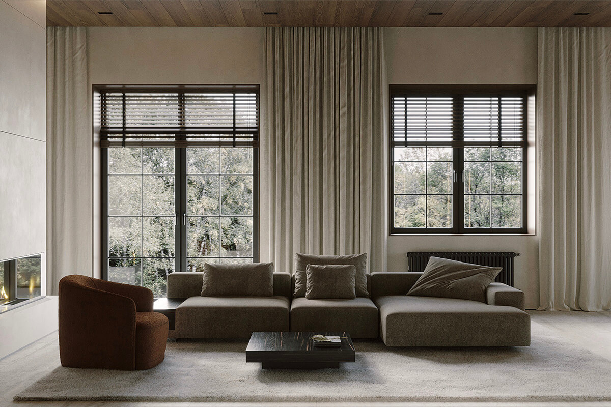 Дизайн інтер'єру з дерев'яною стелею, що створює затишок і екологічну атмосферу.