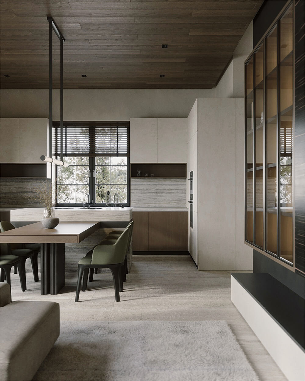 Сучасний інтер'єр з дерев'яною стелею, що додає тепла та екологічності дому. Дерев'яні стелі в інтер'єрі.