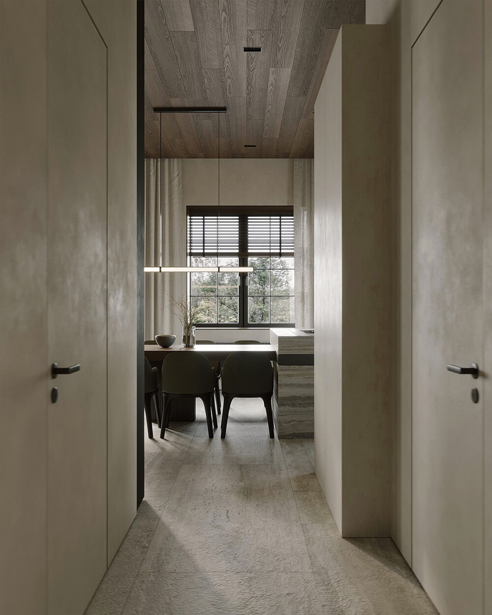 Дерев'яна стеля з балками, надає інтер'єру сільський шарм та особливий характер.