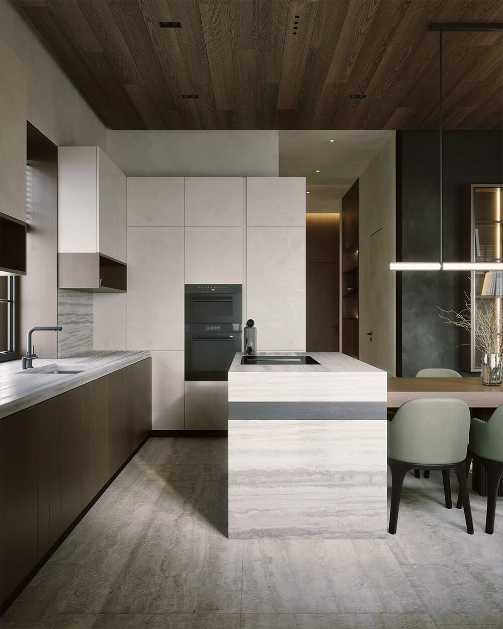 Приклад комбінації дерев'яної стелі з іншими природними матеріалами в інтер'єрі.