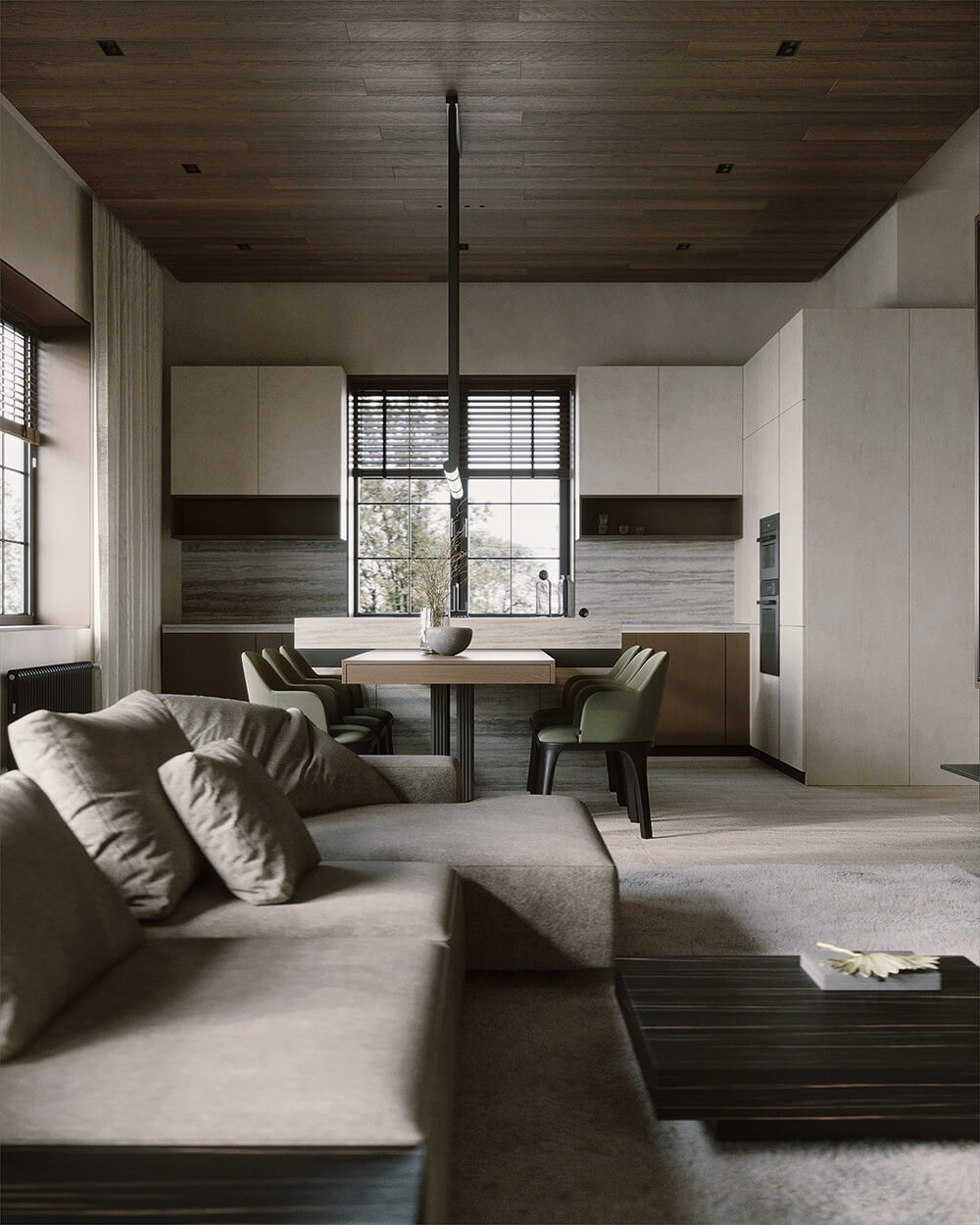 Елегантна дерев'яна стеля з точковим освітленням, створює м'яке та затишне світло.