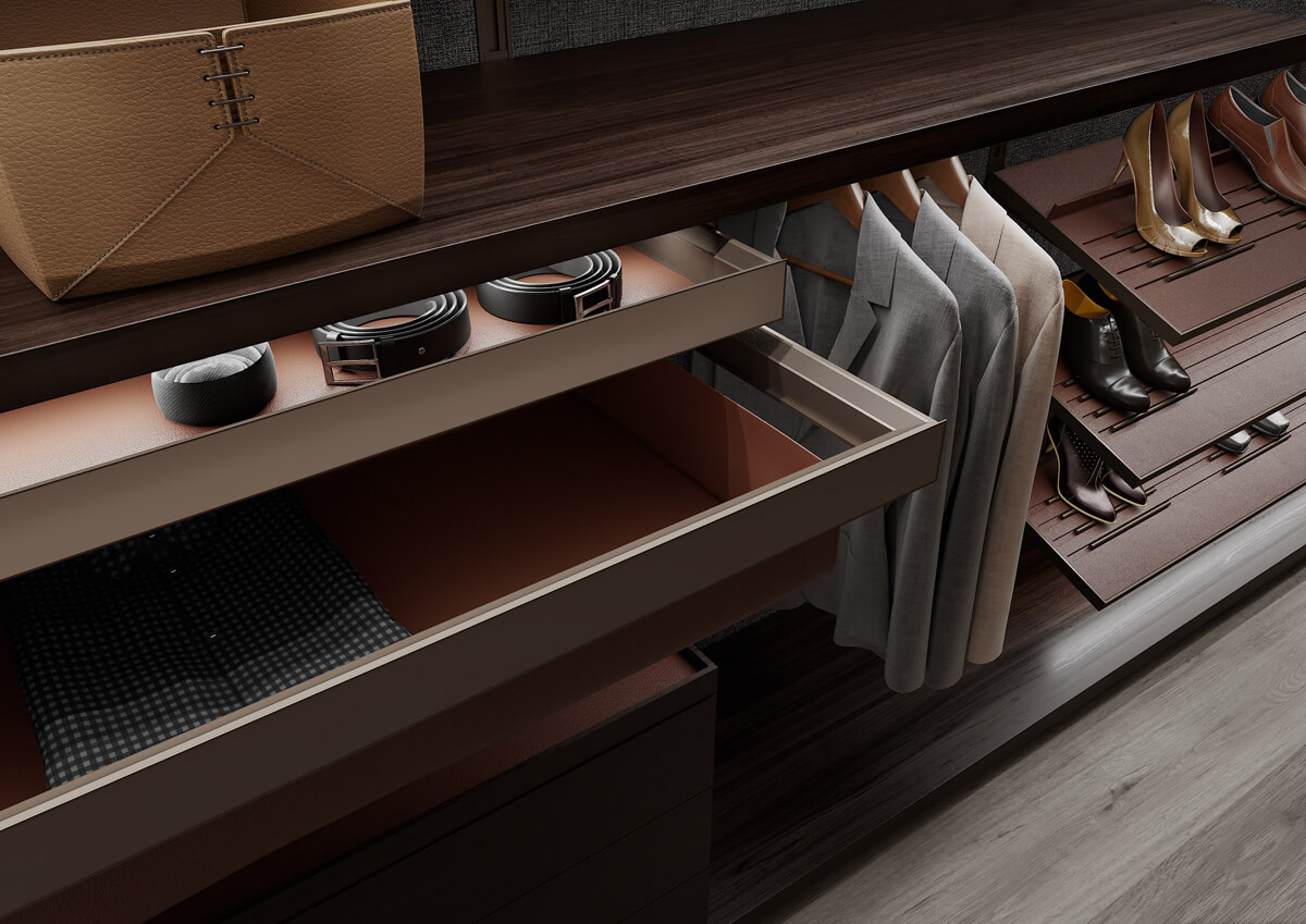 Мінімалістична спальня з відкритою гардеробною, сучасним освітленням та стильним дизайном.