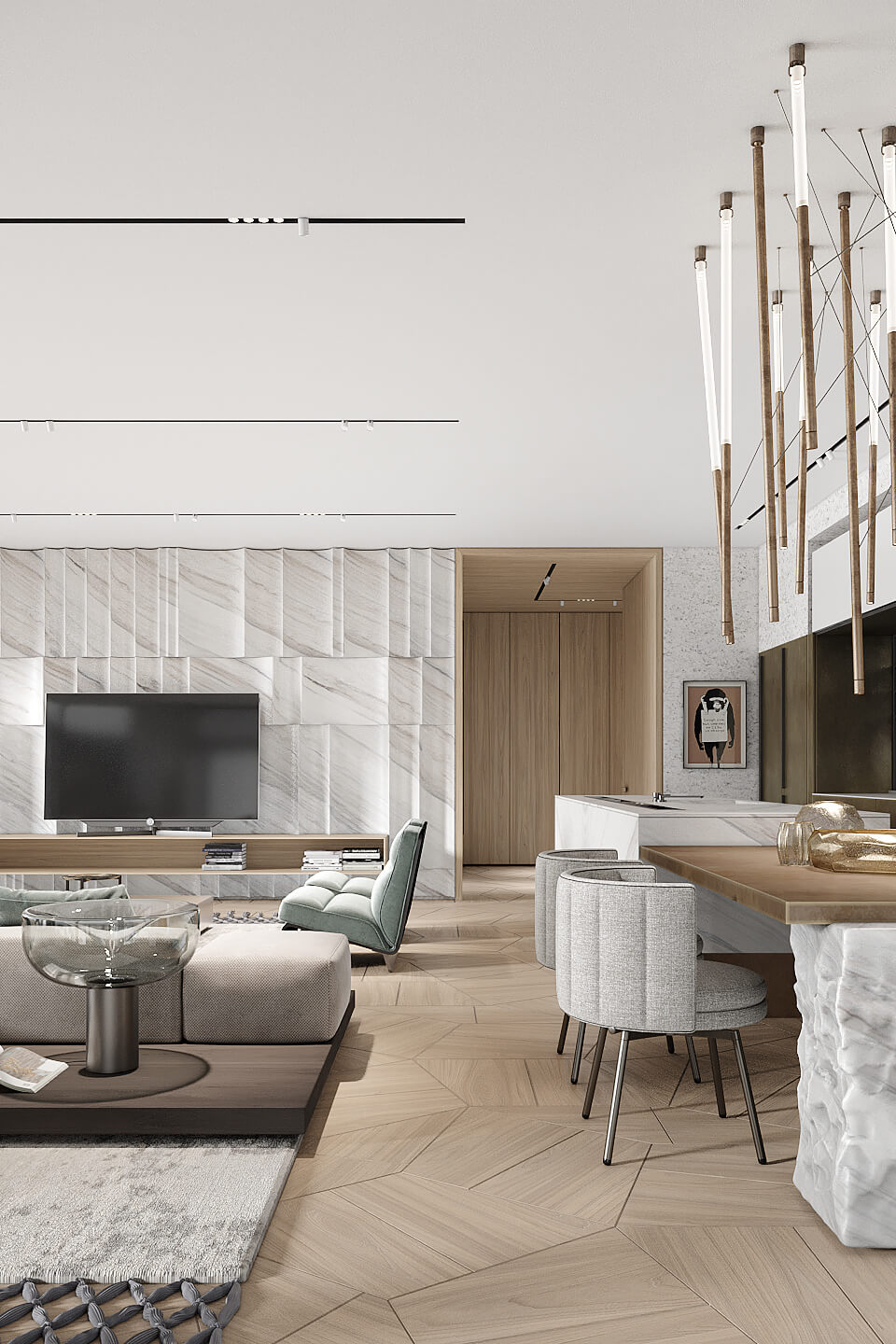 Природна елегантність Елегантний дизайн кухні-вітальні 50 кв.м з використанням дерева та природних матеріалів.