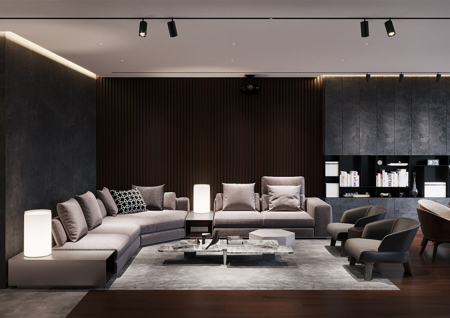 Сучасна кухня-вітальня Функціональний дизайн кухні-вітальні 50 кв.м з сучасними меблями та освітленням.