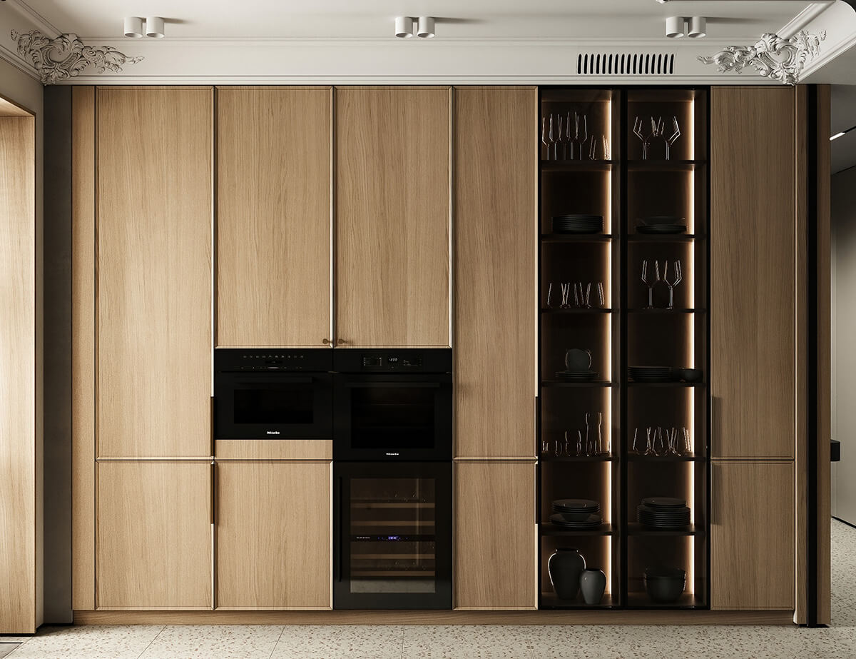 Кухня 2024-2026: поєднання сірого кольору з дерев'яними елементами для створення затишної атмосфери.