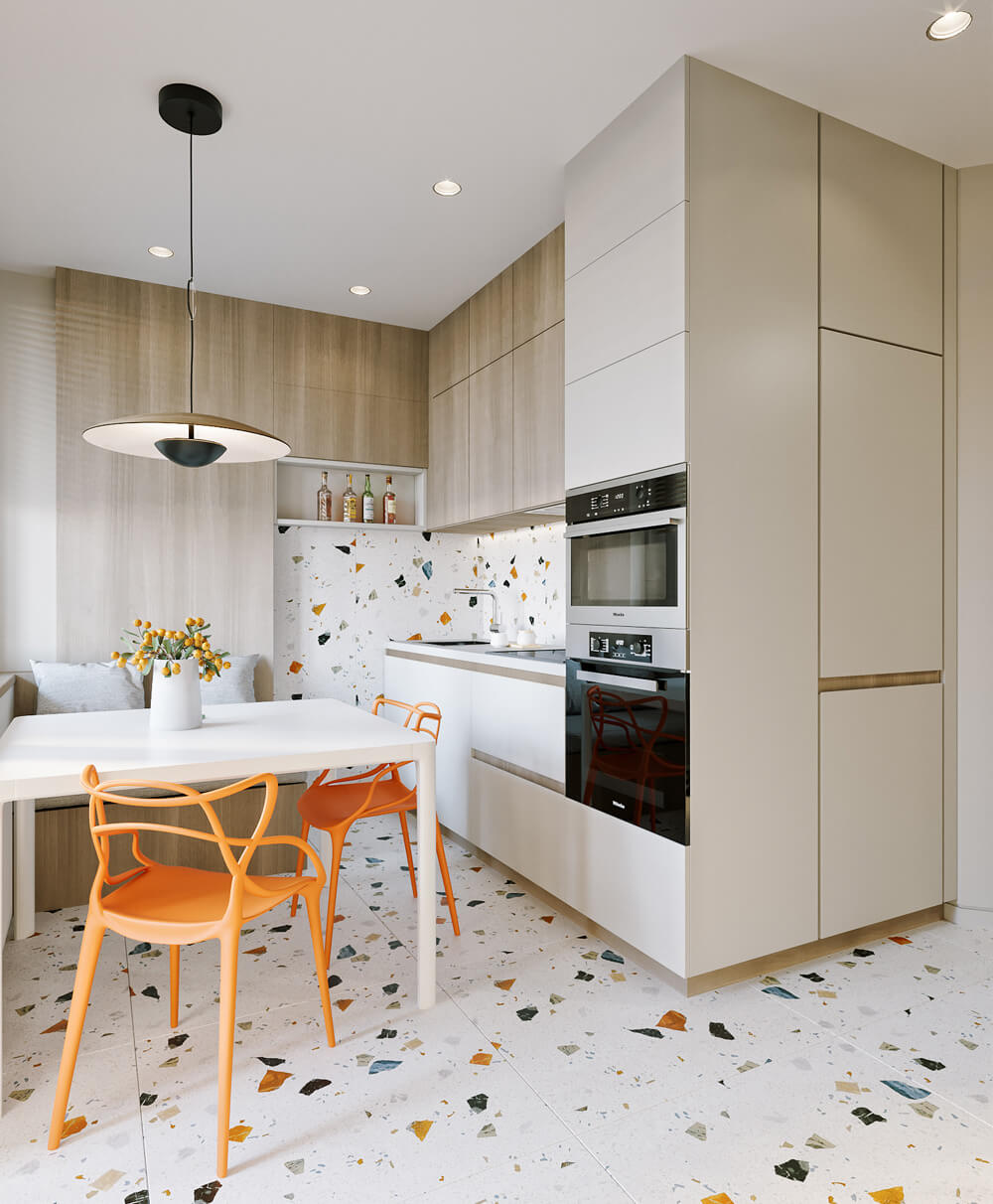 Сучасна кухня з вбудованою технікою: духова шафа, варильна поверхня, холодильник та посудомийна машина.