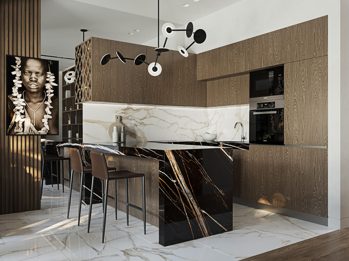 Мінімалістична кухня з інтегрованою вбудованою технікою та світлими фасадами меблів.