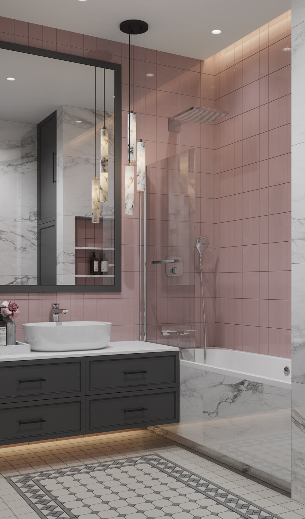 Дизайн передпокою в квартирі 100 м² з шафою-купе та дзеркалом в повний зріст.