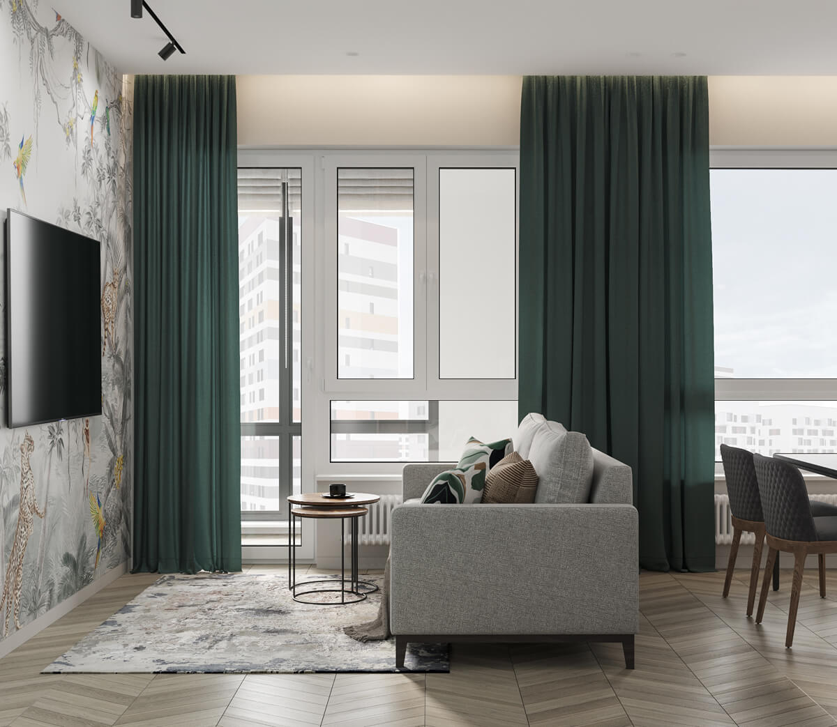 Елегантний кабінет в квартирі 100 м² з зручним письмовим столом та книжковими полицями.