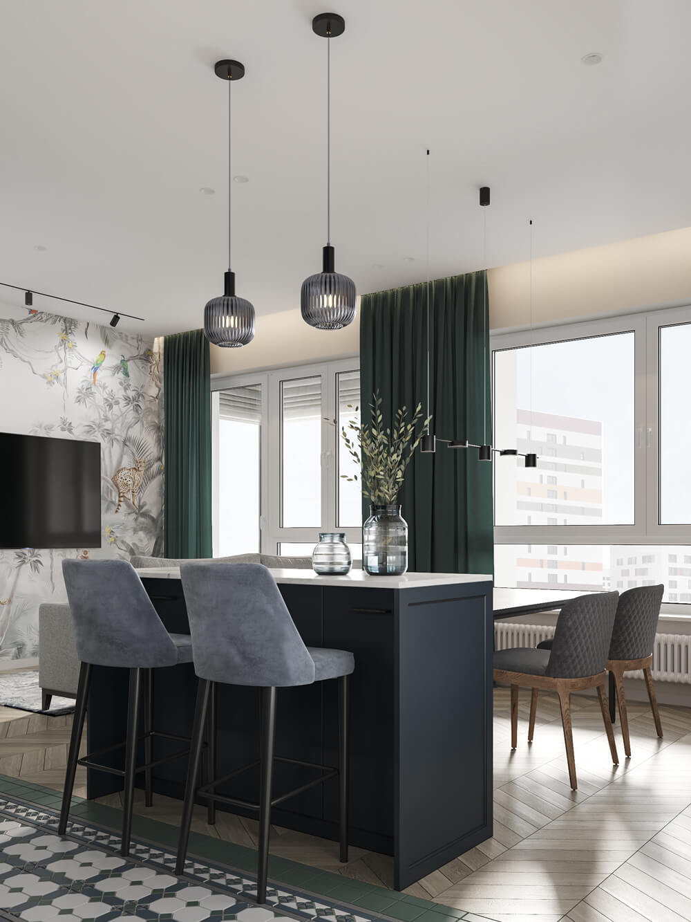 Сучасний дизайн квартири 100 м²: вітальня з великим кутовим диваном та телевізором.