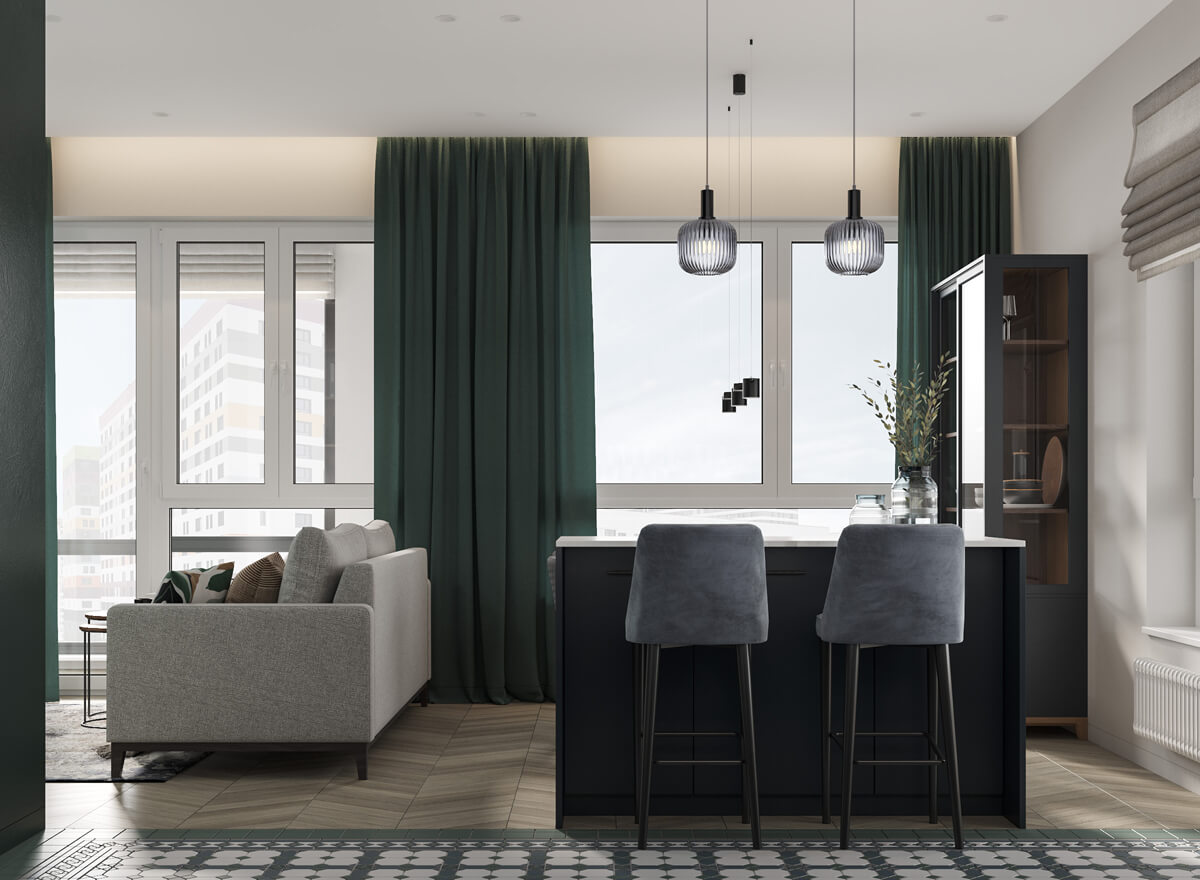 Планування квартири 100 м²: кухня-вітальня з барною стійкою та зручною обідньою зоною.