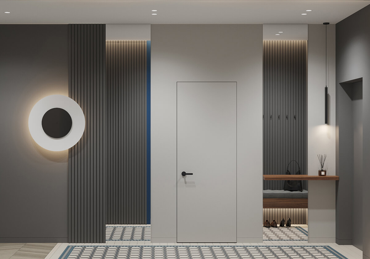 Функціональний кабінет в квартирі 100 м² з зручним робочим місцем та книжковими полицями.