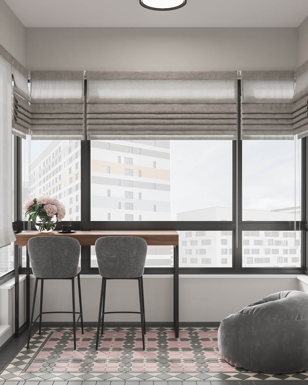 Мінімалістична кухня в квартирі 100 м² з сучасним кухонним островом та шафами.