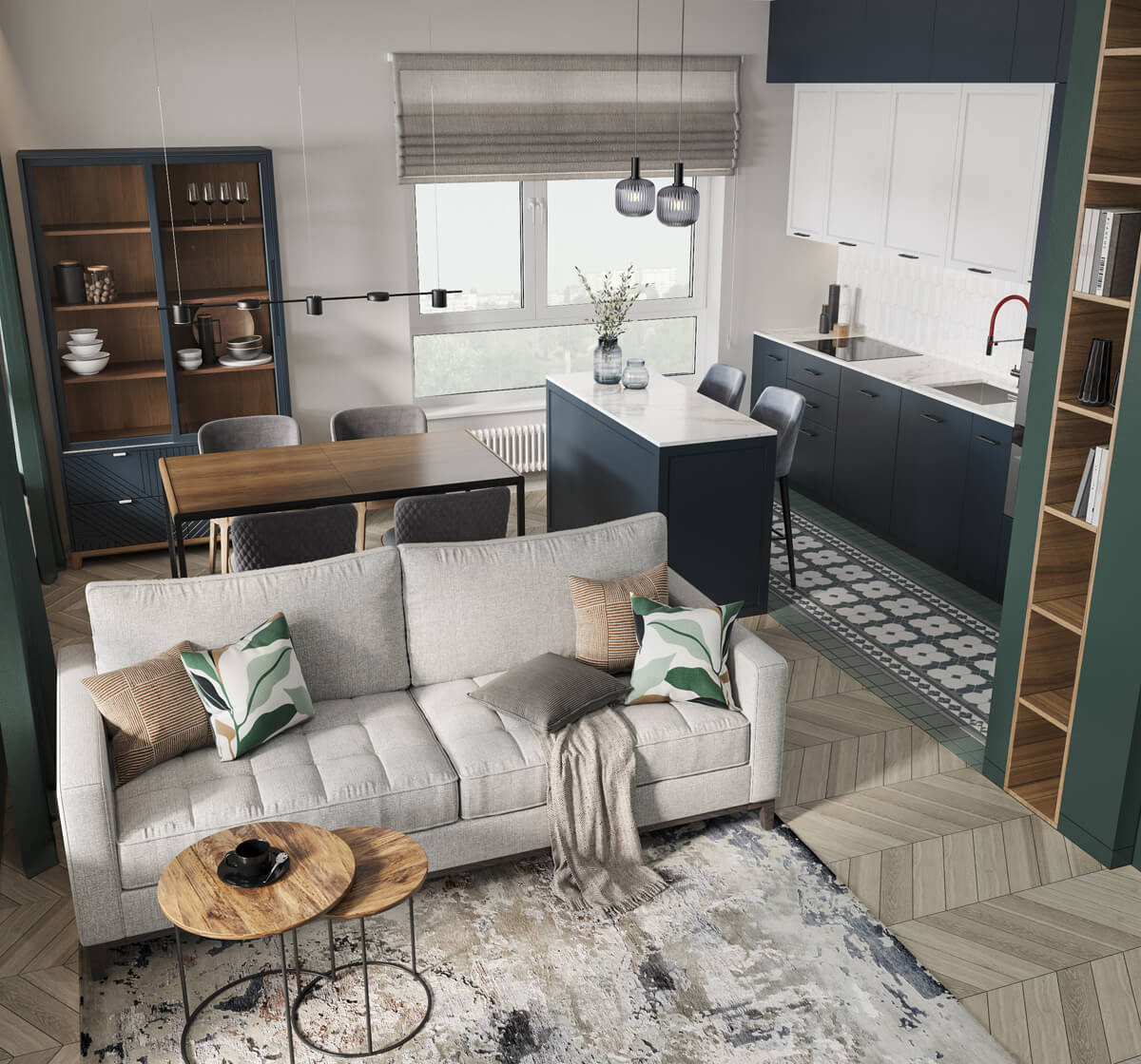 Сучасний дизайн квартири 100 м²: простора вітальня з диваном та панорамними вікнами.