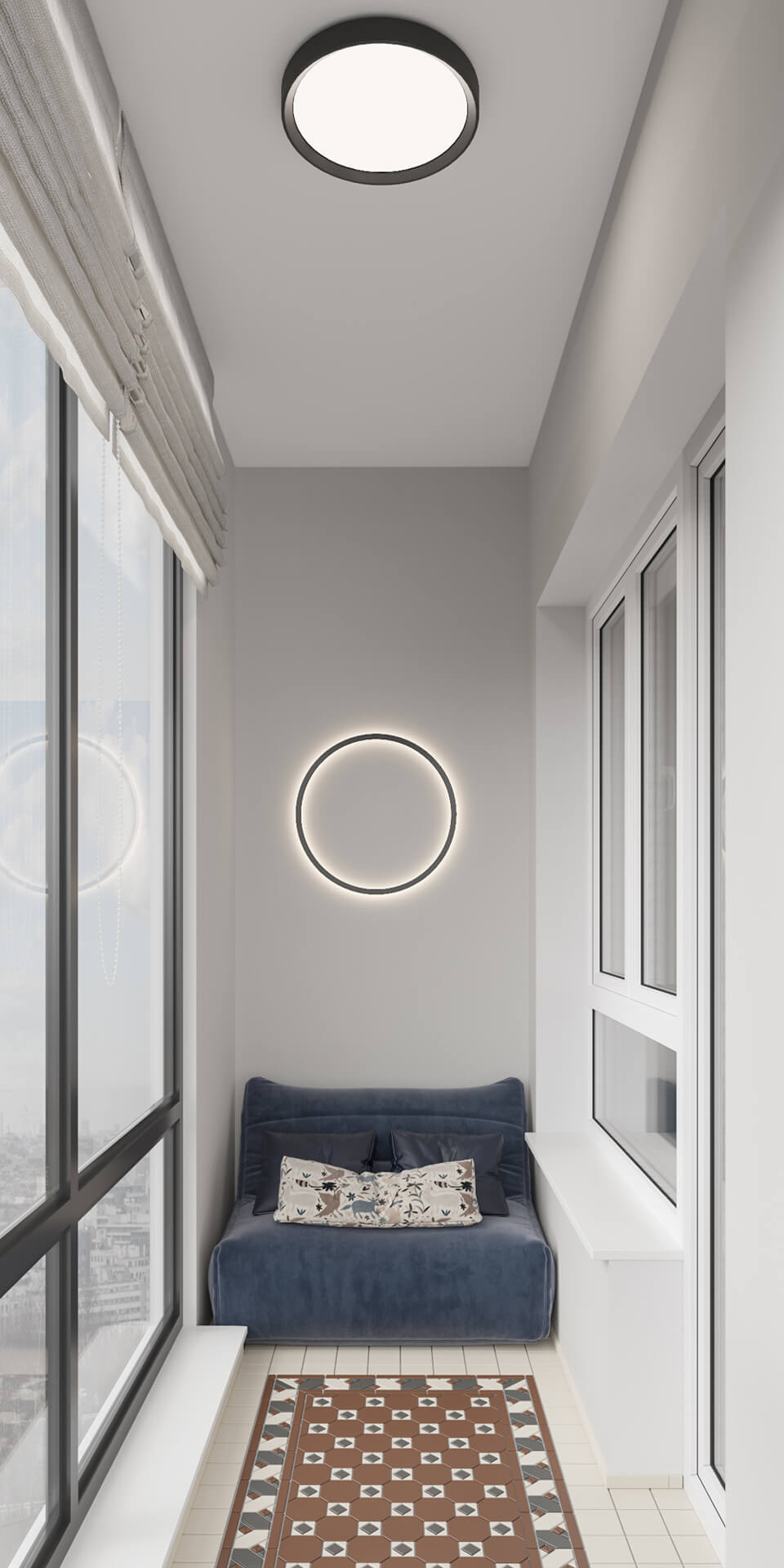 Відкрите планування у дизайні квартири 100 м² з великими вікнами та сучасним інтер'єром