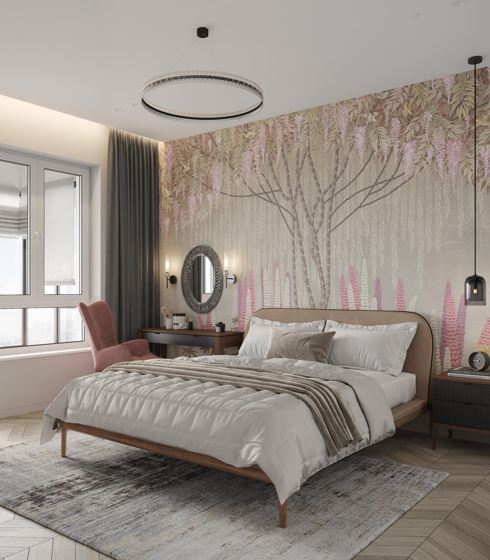 Затишна спальня в квартирі 100 м² з великим ліжком та м'яким розсіяним освітленням.