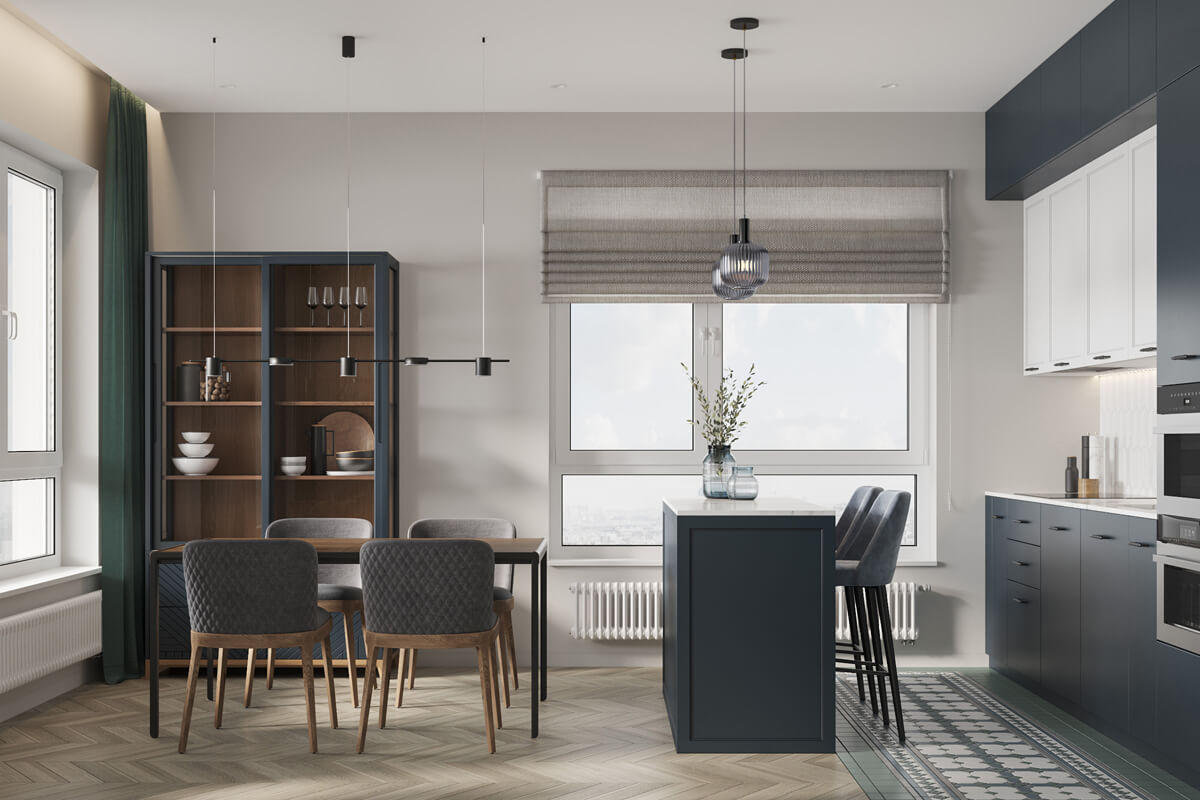 Інтер'єр вітальні в квартирі 100 м²: великий кутовий диван, телевізор на стіні