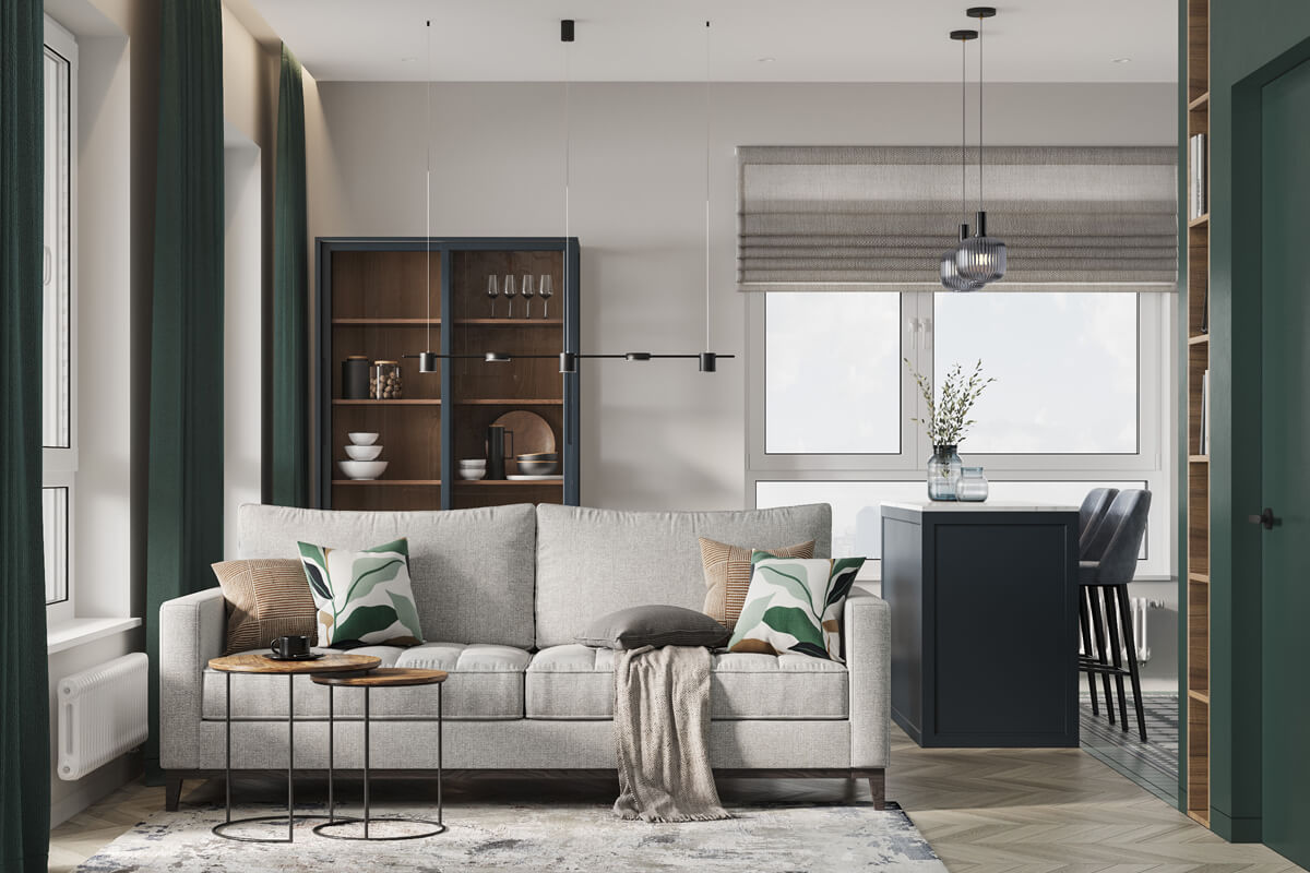 Сучасний дизайн квартири 100 м² з кухнею-вітальнею відкритого планування, ідеальний для сім'ї.