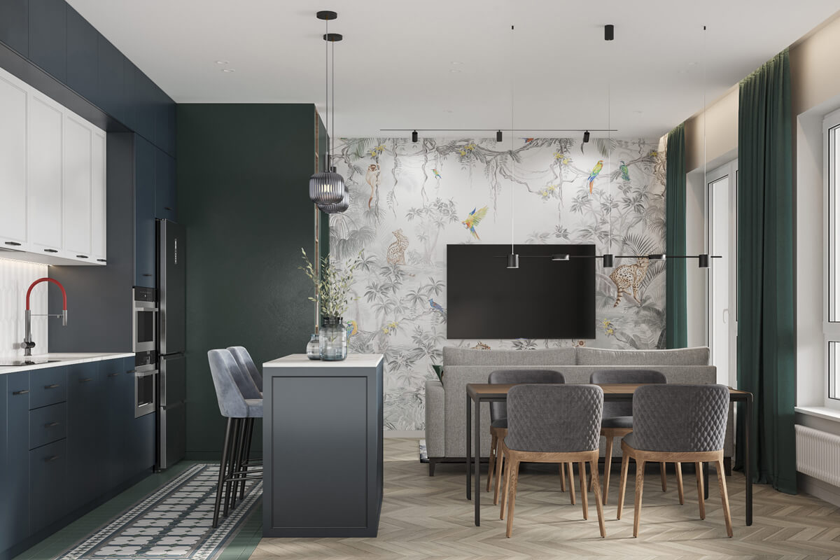 Освітлення в дизайні квартири 100 м²: люстра, точкові світильники, тепле світло