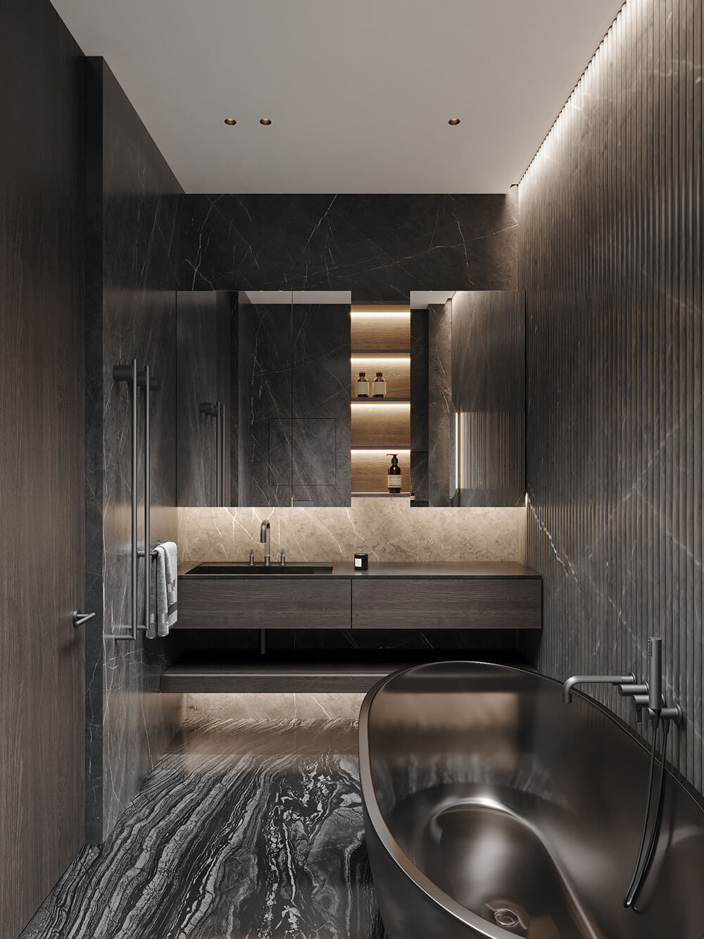Ванна кімната з мармуровими акцентами, сучасною сантехнікою і вишуканим декором.