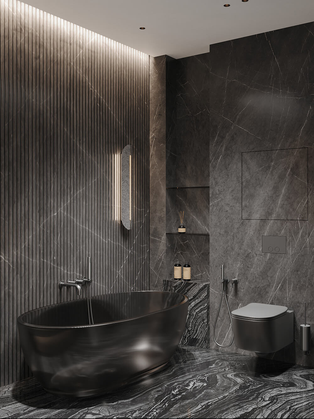 Сучасна ванна кімната з мармуровою стільницею, великим дзеркалом і стильною сантехнікою.