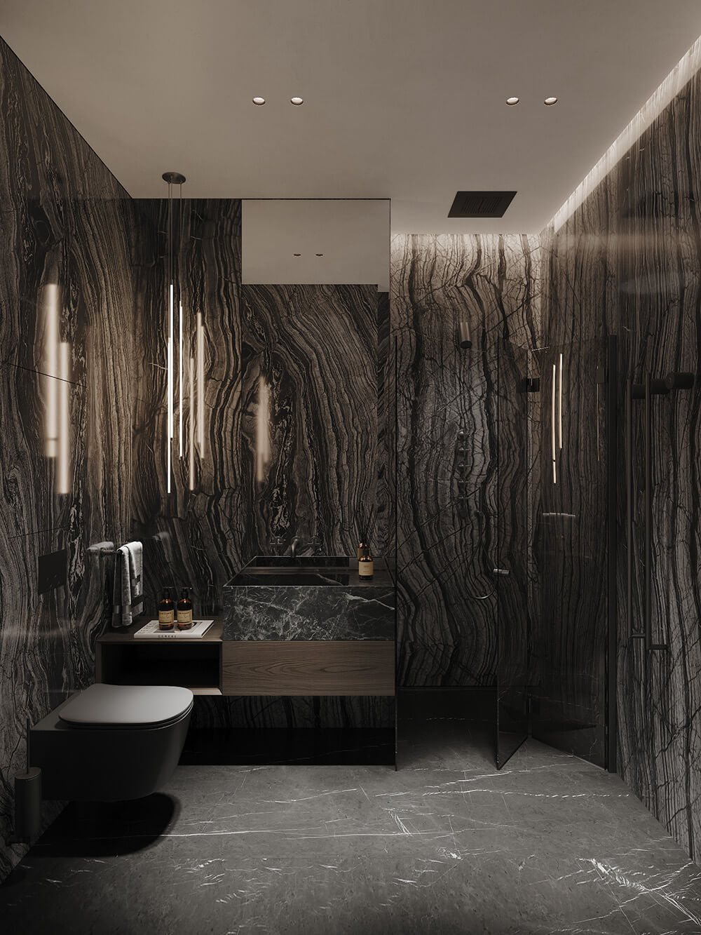 Сучасна ванна кімната з мармуровою плиткою, стильна сантехніка та дзеркало з підсвічуванням.