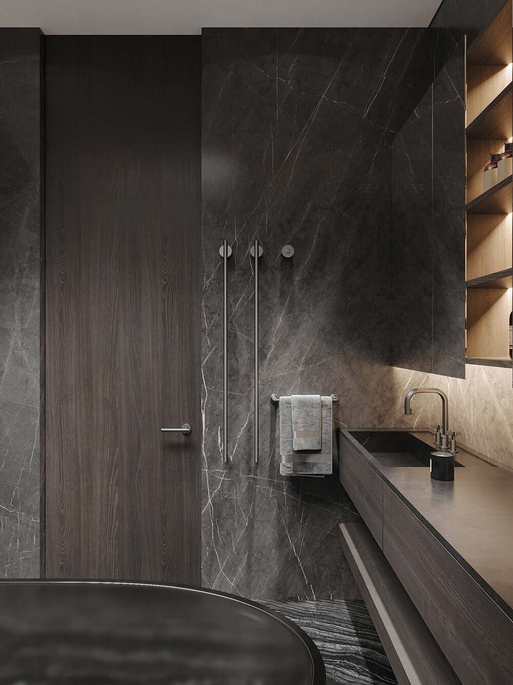 Ванна кімната в мінімалістичному стилі з використанням мармуру для елегантності та простоти.