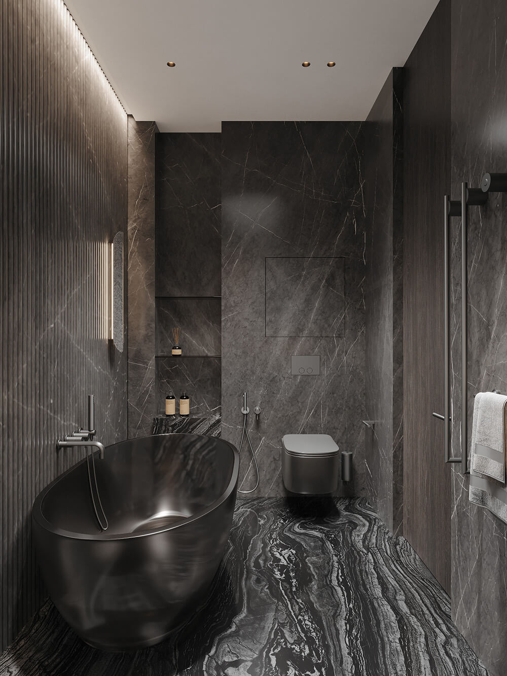 Ванна кімната з мармуровою плиткою і підсвіткою, створює затишну та розслаблюючу атмосферу.