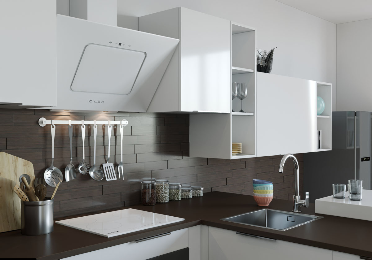 Мінімалістична кухня з острівною витяжкою, що забезпечує ефективну вентиляцію.
