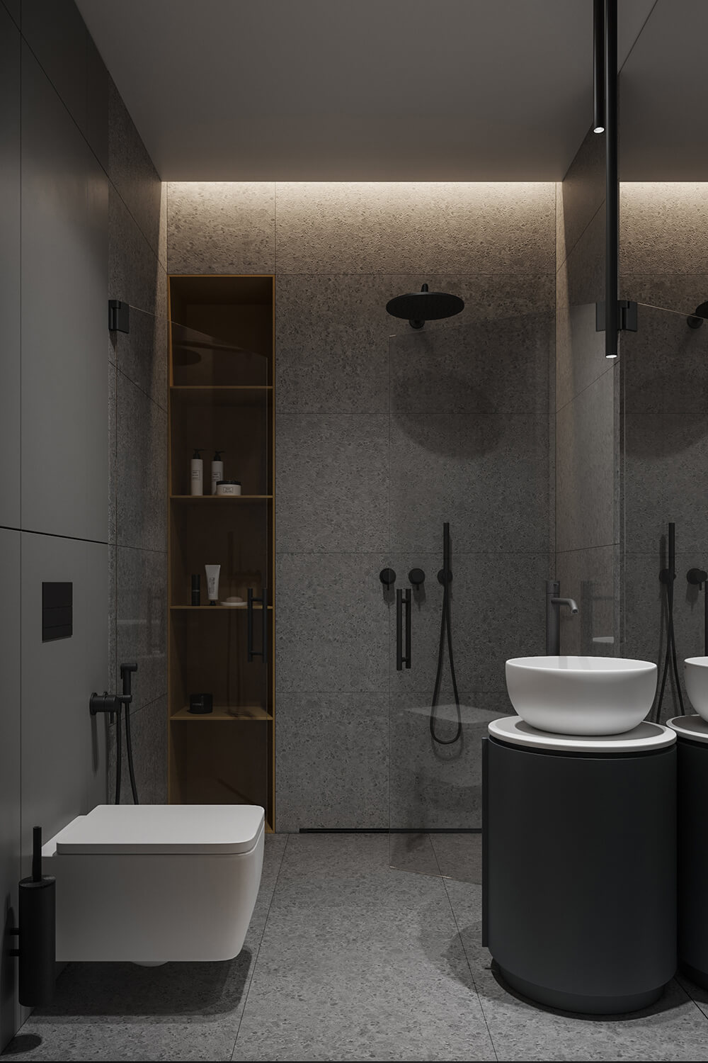 Камінь та скло Сучасна душова без піддона з натуральним каменем та скляними дверима, елегантний дизайн.