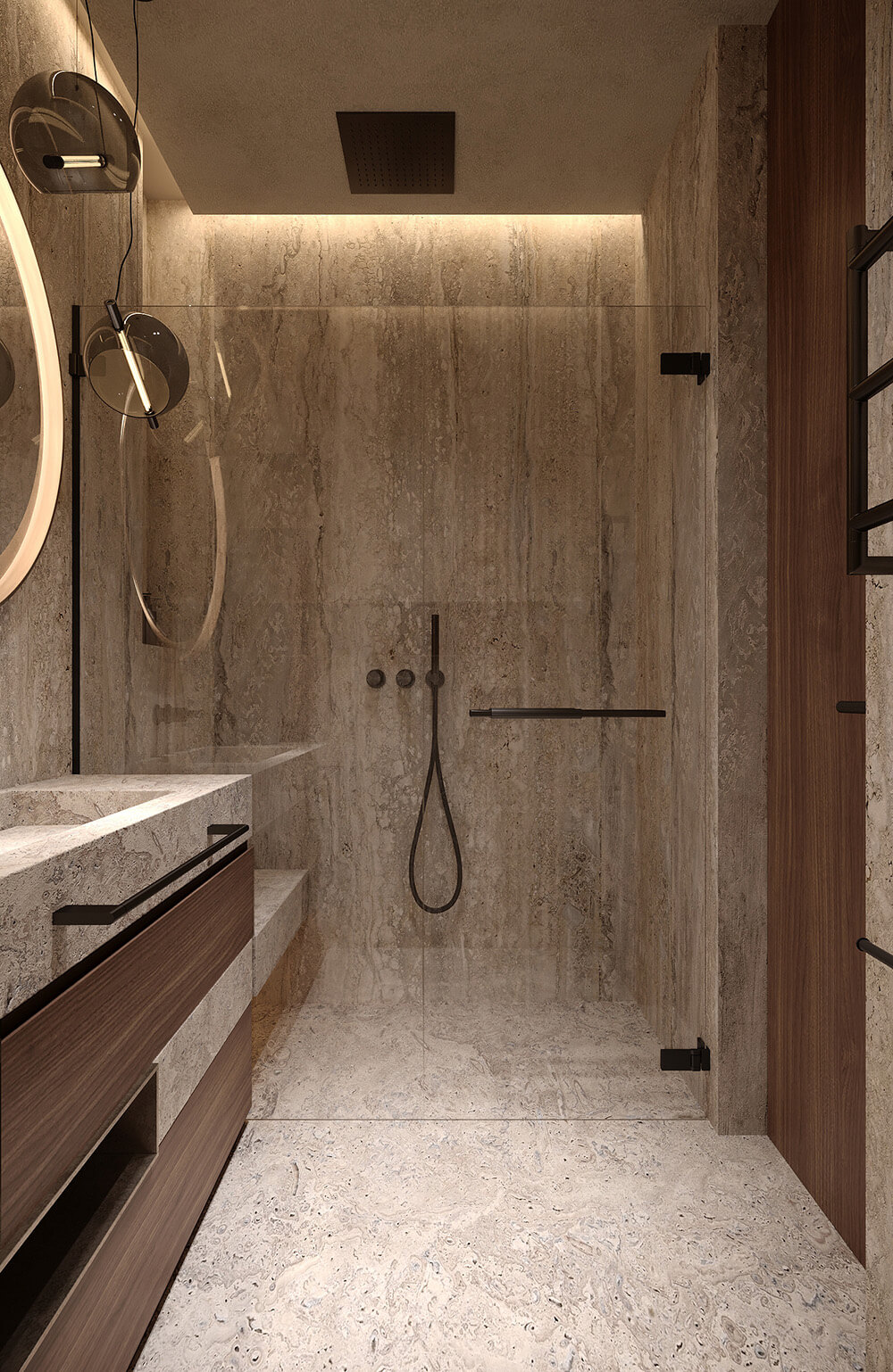 Ефективний злив Ванна кімната з душовою без піддона та сучасним трапом для ефективного зливу.