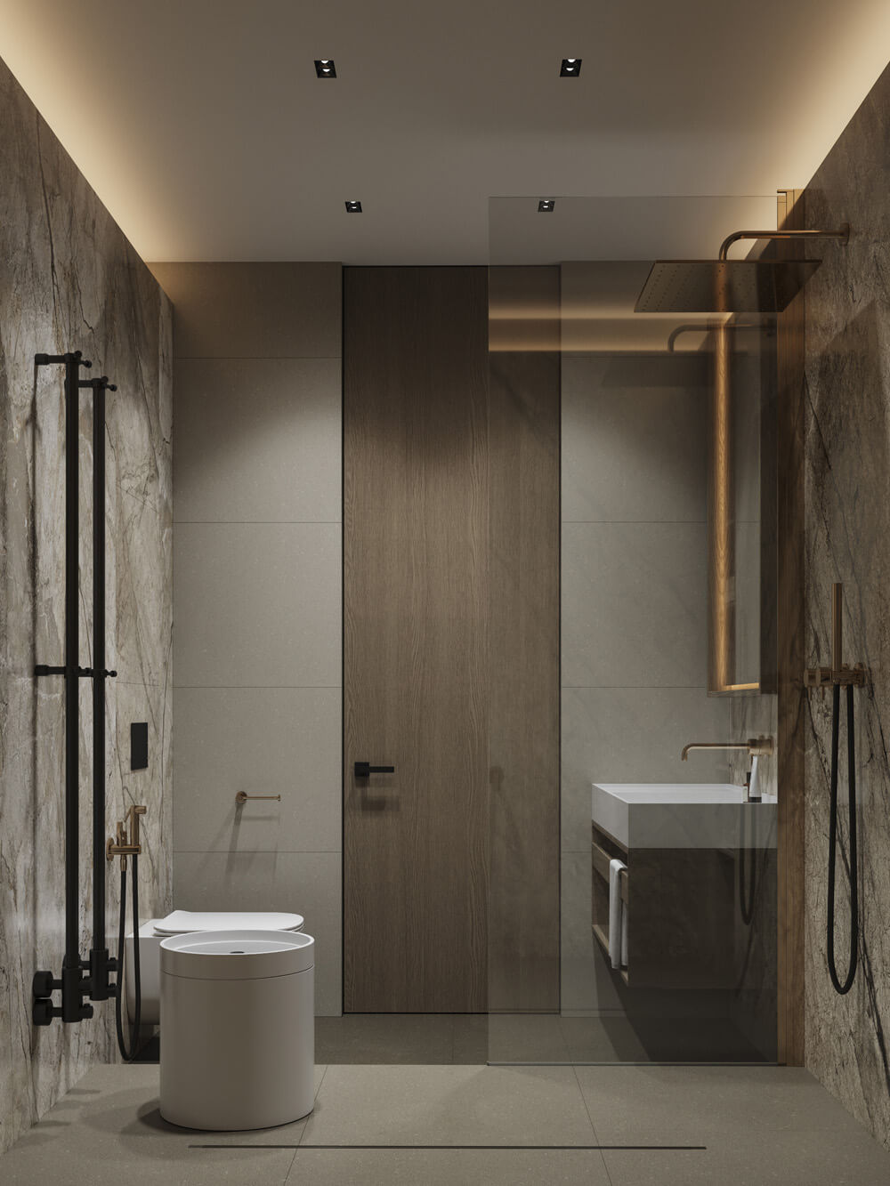 Двері прихованого монтажу, що зливаються зі стіною, створюючи ілюзію єдиного простору.