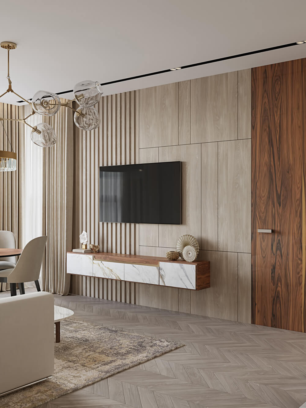 Невидимі двері прихованого монтажу на тлі темно-синьої акцентної стіни.