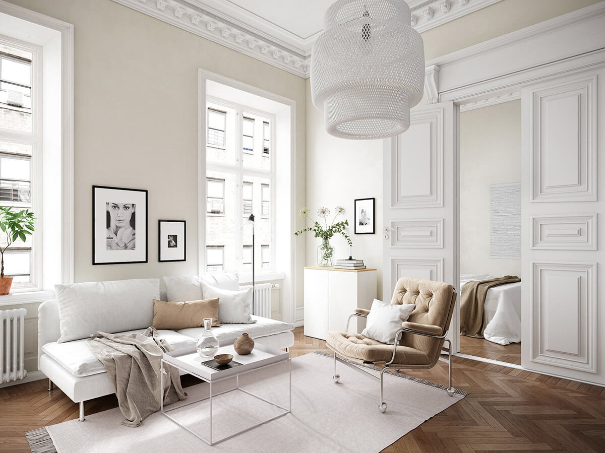 Інтер'єр кухні у французькому стилі: білі фасади та мармурова стільниця.