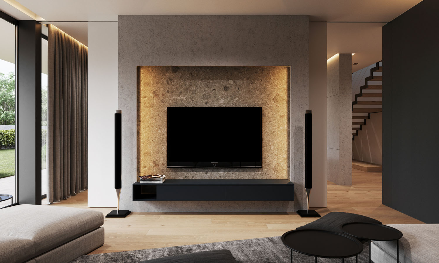 Мінімалістична вітальня з телевізором на тумбі та зеленню, сучасне розташування телевізора.