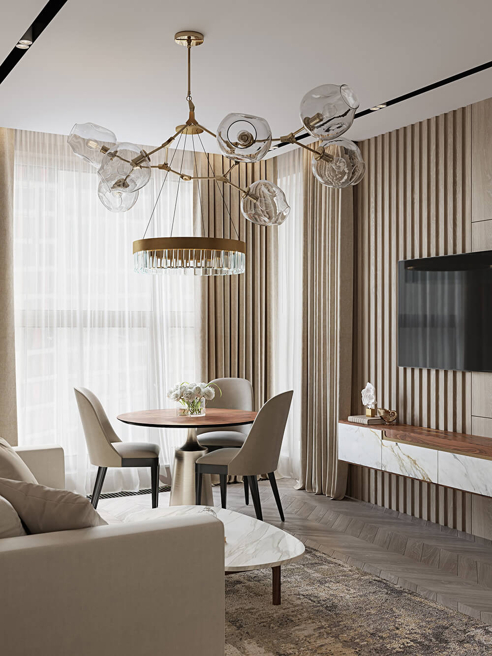 Зонування маленької квартири 2026: штори розділяють вітальню та спальню, економія простору.