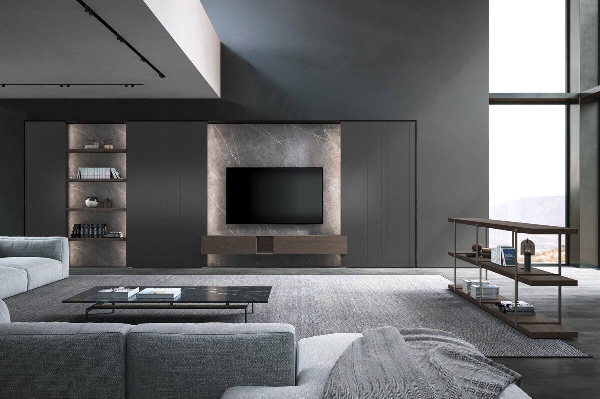 Ідеї для інтер'єру вітальні в сучасному стилі з практичним зонуванням робочого місця.