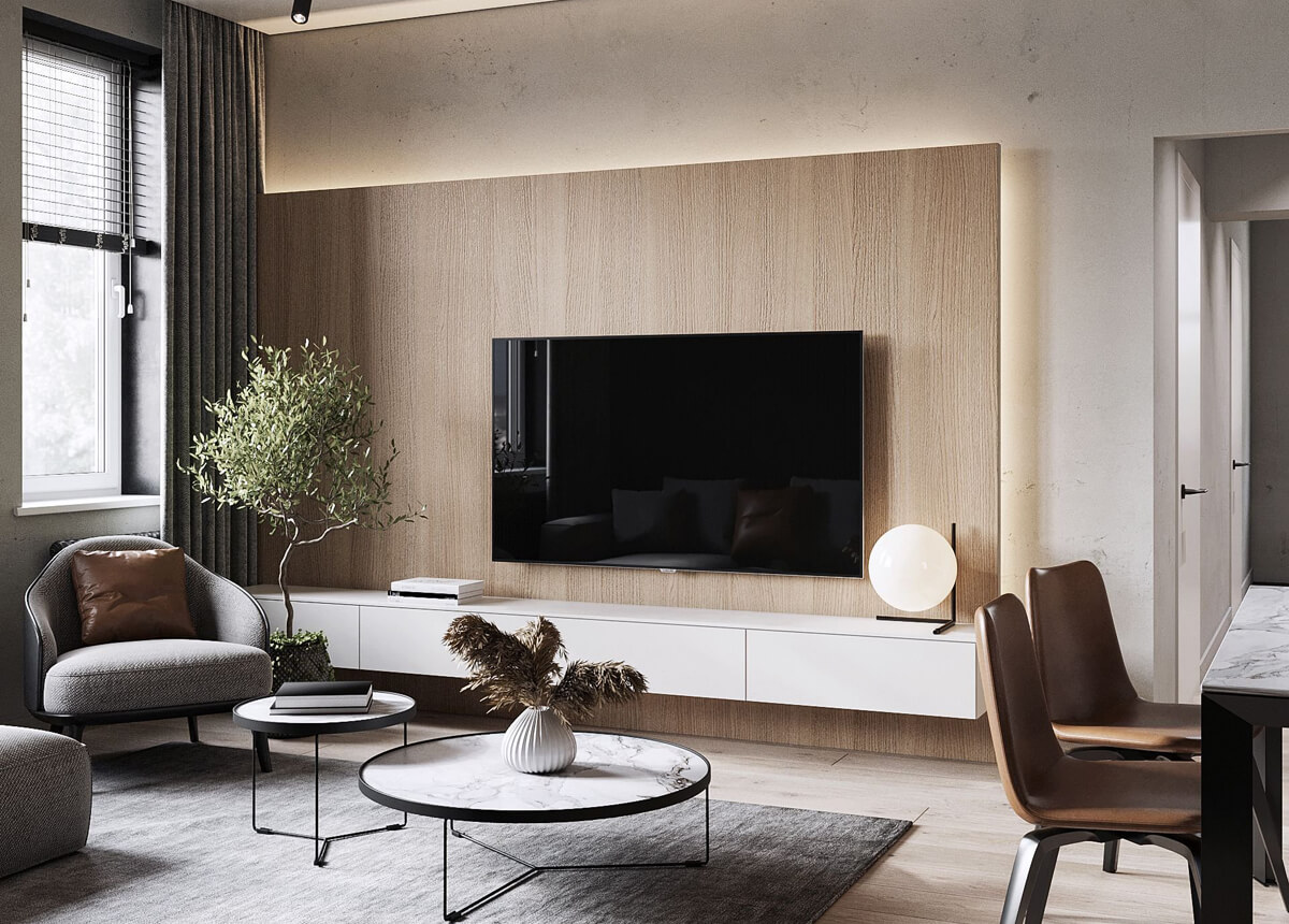 Стильна вітальня з дерев'яними панелями на стінах і використанням натуральних матеріалів.