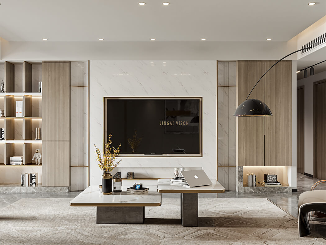 Інтер'єр вітальні з сучасними декоративними елементами, килимом і освітленням.