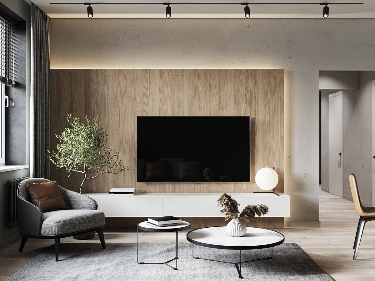 Стильний інтер'єр вітальні з сучасним каміном та дизайнерськими модульними меблями.