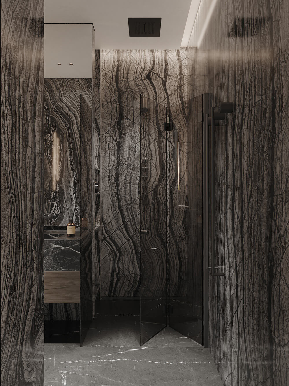 Сучасна душова перегородка з чорною металевою рамою в лофт ванній кімнаті.